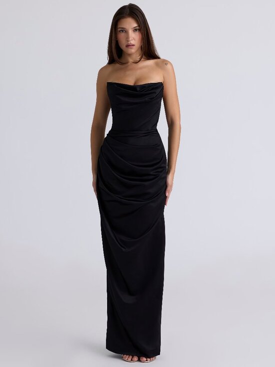 House of CB Dresses & Skirts - House of CB Adrienne Black Satin Strapless Corset Maxi Dress Formal Sexy Size L